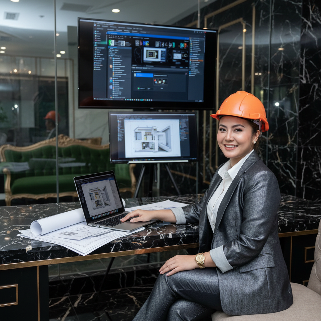 Profesional konstruksi menggunakan laptop dengan tampilan software AEC untuk instalasi remote CAD BIM bersama Clablio