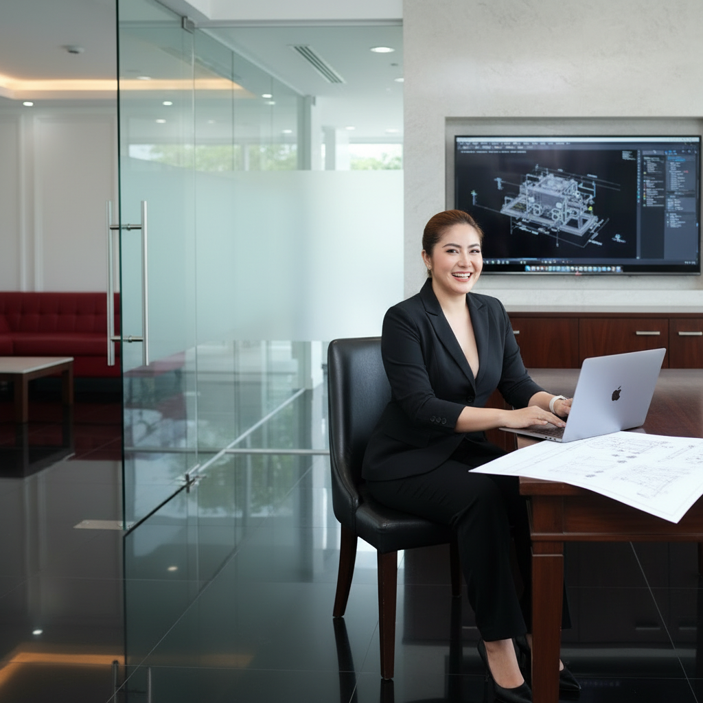 Profesional teknik bekerja dengan laptop di kantor modern dengan layar CAD 3D untuk Autodesk Inventor 2027 dan layanan instalasi Clablio