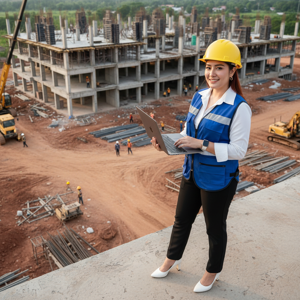 Engineer teknik sipil memegang laptop di area proyek konstruksi gedung beton bertulang