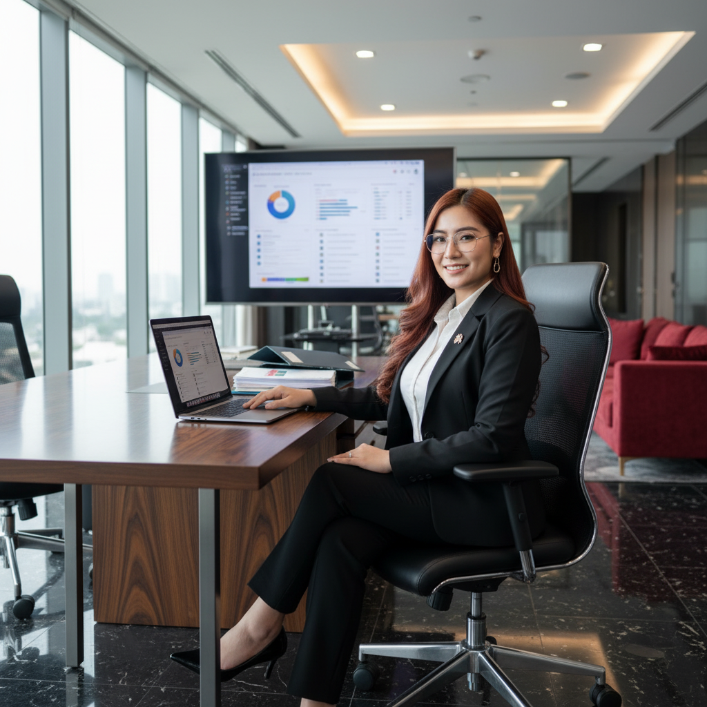 Seorang profesional bekerja dengan laptop di ruang kantor modern dengan layar dashboard proyek, menggambarkan layanan pengadaan lisensi dan instalasi software project collaboration oleh Clablio.