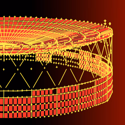 Ilustrasi model struktur SAP2000 dengan visual wireframe merah kuning untuk analisis bangunan modern